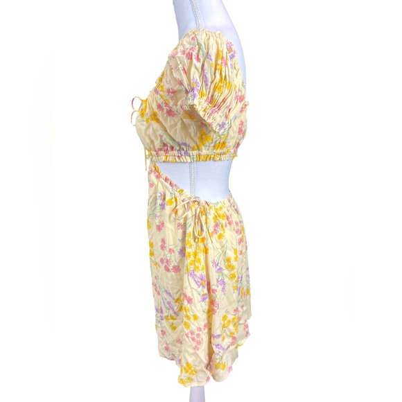 Sabo Skirt Lashara Yellow Crepe Milkmaid Floral Mini Dress coquette romantic - Picture 7 of 12